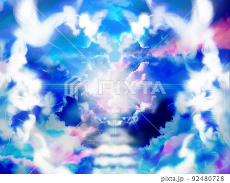 天使の白い羽がハートマークを作り天空から輝く神々しい光が雲海の隙間から輝くイラストレーション 92480728