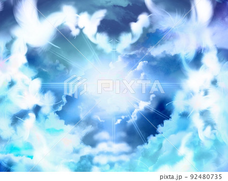 天使の白い羽がハートマークを作り天空から輝く神々しい光が雲海の隙間から輝くイラストレーション 92480735