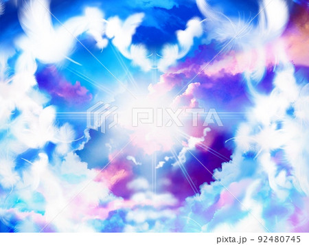 天使の白い羽がハートマークを作り天空から輝く神々しい光が雲海の隙間から輝くイラストレーション 92480745