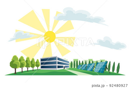 Clean electric energy concept. Renewable electricity resource from solar panels. Ecological change of the future. City skyline and nature landscape on background 92480927