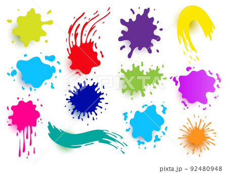 Paint blots. Splashes set for design use. Colorful grunge shapes collection. Dirty stains and silhouettes. Color ink splashes with shadow 92480948