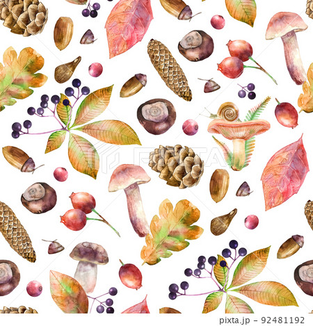 Seamless pattern with watercolor illustrated mushrooms, leaves, berries, chestnuts and cones. Hand drawn fall elements. Autumn background for packaging, invitation and greeting card. 92481192