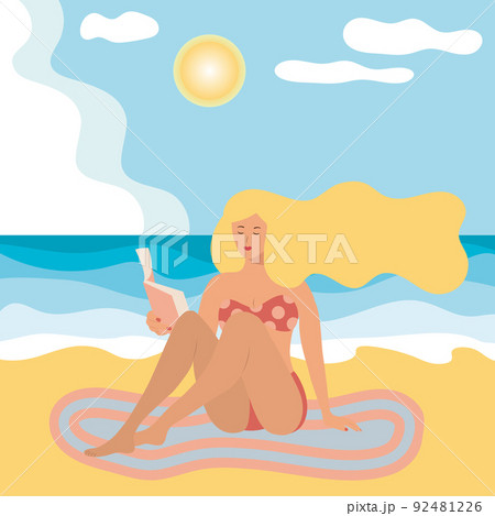 Summer illustration with a blond girl in a swimsuit on the beach Summer illustration with a blond girl in a swimsuit on the beach 92481226
