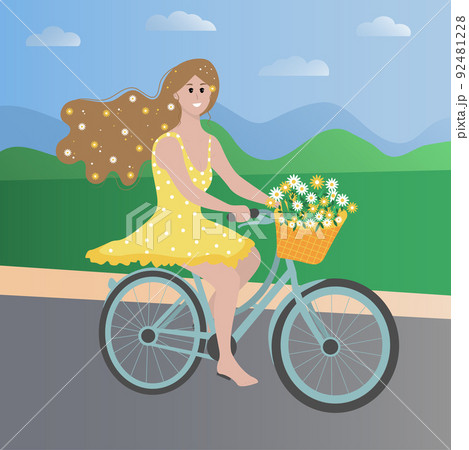 Cute young romantic girl on a bicycle with a basket full of flowers. Cute young romantic girl on a bicycle with a basket full of flowers. 92481228