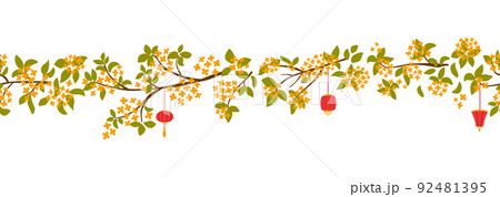 Asian floral branch seamless border. Yellow korean flowers frame. Blossoming osmanthus fragrans. Vector traditional oriental osmanthus flowers 92481395