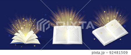 Magic books with lights realistic vector design Magic books with lights realistic vector design 92481509