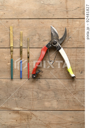 板張りに並べた剪定バサミと刃物研ぎ 92481827