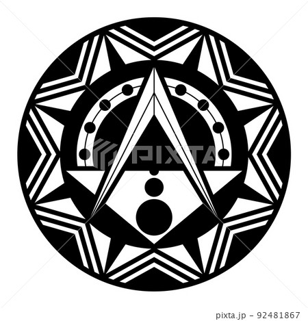 Square and Compasses, sign in a disk with octagonal pattern. Freemasonry symbol, with a dotted arc, surrounded by a pattern of an eight-pointed star. Crop circle pattern, found at Devizes, Wiltshire. 92481867