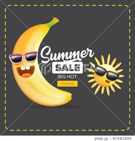 Summer sale funny square banner with cartoon sun and funky banana character isolated on summer grey background. Vector 3d horizontal summer hot sale poster, flyer, banner, tag and background Summer sale funny square banner with cartoon sun and funky banana character isolated on summer grey background. Vector 3d horizontal summer hot sale poster, flyer, banner, tag and background 92482094