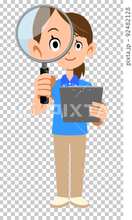 A female staff member wearing a name tag in a short-sleeved polo shirt holding documents and looking through a magnifying glass A female staff member wearing a name tag in a short-sleeved polo shirt holding documents and looking through a magnifying glass 92482128