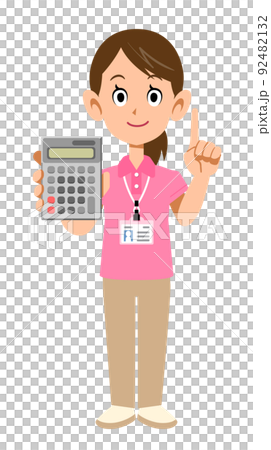 A female staff member wearing a name tag in a short-sleeved polo shirt holding a calculator and raising her index finger. A female staff member wearing a name tag in a short-sleeved polo shirt holding a calculator and raising her index finger. 92482132