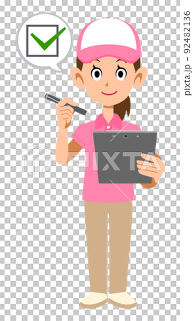 Female staff wearing a hat in a short-sleeved polo shirt to fill out a check sheet 92482136