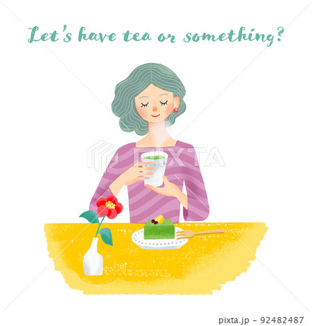 抹茶ケーキと緑茶を楽しむ女性の手描き風イラスト 抹茶ケーキと緑茶を楽しむ女性の手描き風イラスト 92482487