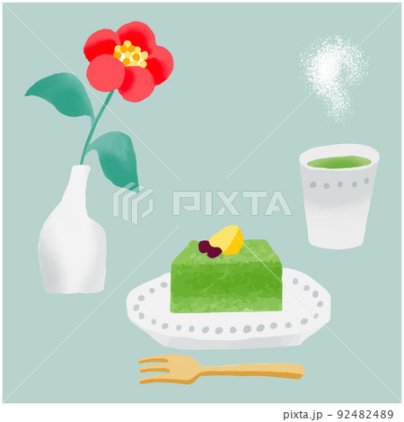 抹茶ケーキと緑茶と椿の手描き風イラストセット 92482489
