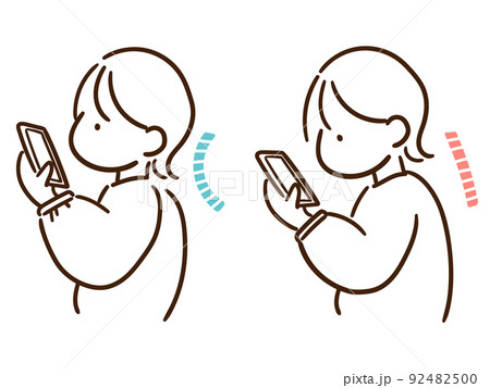 スマホでストレートネック気味になる女の子のおしゃれな線画イラスト 92482500