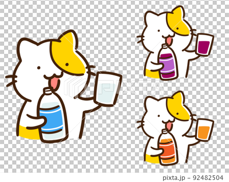 色々なペットボトル飲料を飲もうとするかわいいねこのデフォルメイラストセット 色々なペットボトル飲料を飲もうとするかわいいねこのデフォルメイラストセット 92482504