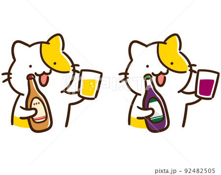 ビールと赤ワインのお酒を薦めるかわいいねこのデフォルメイラストセット 92482505