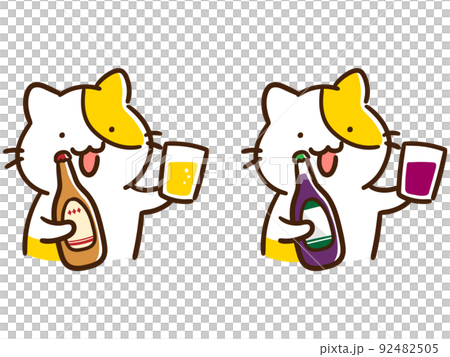 ビールと赤ワインのお酒を薦めるかわいいねこのデフォルメイラストセット 92482505