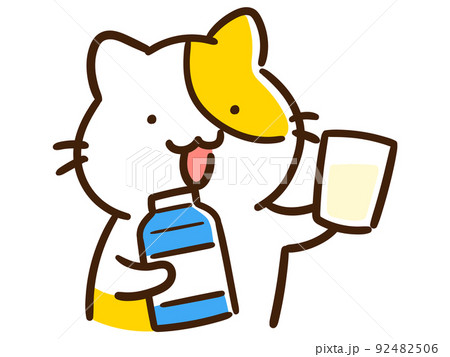 牛乳を飲もうとするかわいいねこのデフォルメイラストのイラスト素材