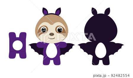 Cute die cut Halloween sloth chocolate egg holder template. Cartoon animal character in a bat costume. Retail paper box for the easter egg. Printable color scheme. Vector stock illustration Cute die cut Halloween sloth chocolate egg holder template. Cartoon animal character in a bat costume. Retail paper box for the easter egg. Printable color scheme. Vector stock illustration 92482554