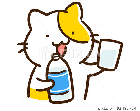 ペットボトル飲料で水分補給するかわいいねこのデフォルメイラストのイラスト素材
