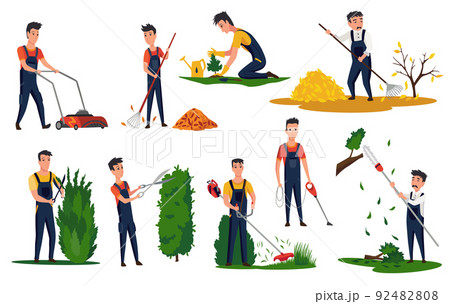 Professional gardeners with different tools and poses. Maintenance performing, plants and lawn care, pruning bush leaves. Man using garden machinery, equipment and tools 92482808