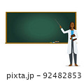 白衣を着た医師、教授が黒板で授業をするイラスト　カンファレンス　講義　アフリカ系女性　8等身 92482853