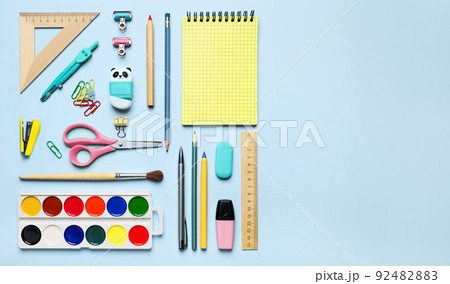 School supplies on blue background, copy space for text flat lay 92482883