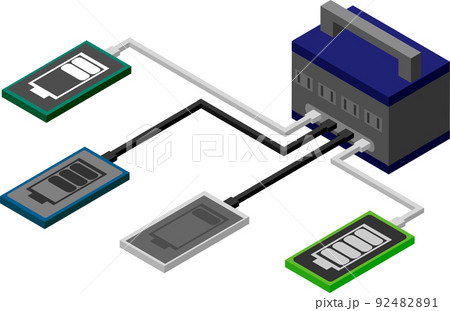 アイソメトリックなポータブル電源に接続して充電しているスマートフォン 92482891