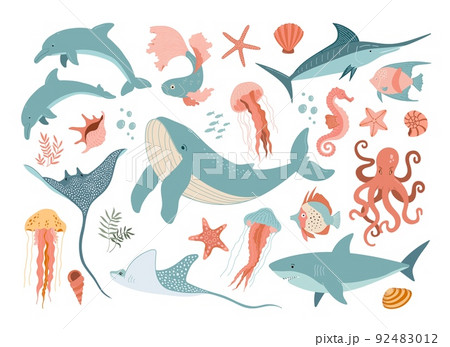 Set with hand drawn sea animals and elements. Dolphins, fish, shark, jellyfish, octopus, whale, shells, seaweed and corals isolated on white background. Beautiful underwater world in flat style. 92483012