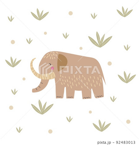 Cartoon cute mammoth vector illustration. Funny prehistoric elephant kids poster. Ice age  92483013