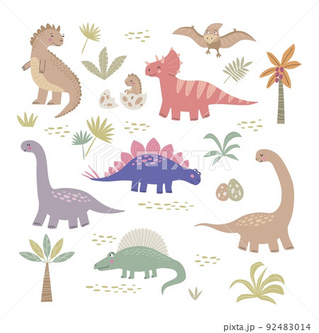 Set of cute dinosaur vector illustrations . Prehistoric lizard collection isolated on white background. Hand drawn cartoon characters reptiles 92483014