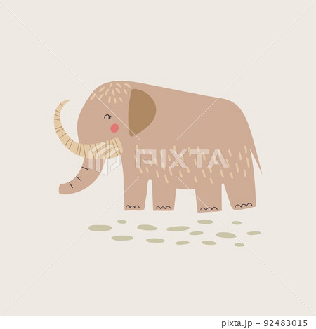 Cartoon cute mammoth vector illustration. Funny prehistoric elephant kids poster. Ice age  92483015