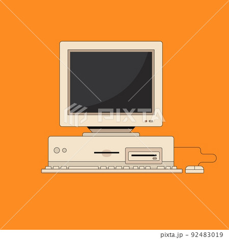 Old PC with monitor keyboard and mouse in flat style. Retro computer. Nostalgia for 1990s 92483019