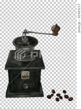 手動でアンティーク調のコーヒーミル とコーヒー豆【手描き水彩画】白バック 透過背景 コピースペース 92483217