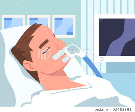 Man Patient in Hospital Having Artificial Lung Ventilation Being in Critical Condition Lying on Bed with Mask Vector Illustration 92483391