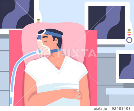 Man Patient in Hospital Having Artificial Lung Ventilation Being in Critical Condition Lying on Bed with Mask Vector Illustration 92483403