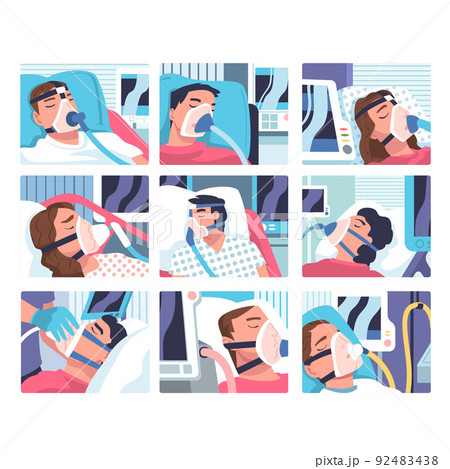Patients in Hospital Having Artificial Lung Ventilation Being in Critical Condition Lying on Bed with Mask Vector Set Patients in Hospital Having Artificial Lung Ventilation Being in Critical Condition Lying on Bed with Mask Vector Set 92483438