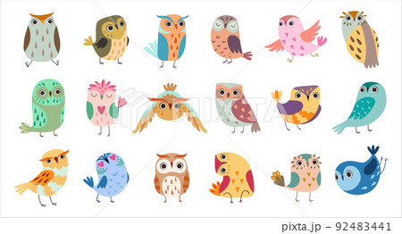 Funny Little Owl with Large Eyes and Beak as Woodland Bird with Wings Big Vector Set Funny Little Owl with Large Eyes and Beak as Woodland Bird with Wings Big Vector Set 92483441