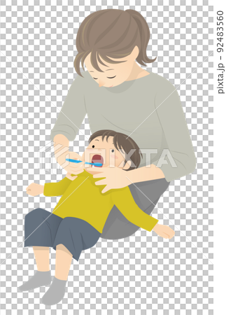 Parents and children brushing children's teeth and finishing on their lap 92483560