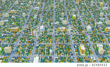 住宅街　手描き風　水彩画風　街並み　俯瞰　住宅　背景 92484433