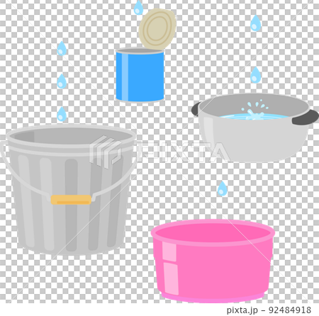 Buckets, pots, and leaks that receive falling water droplets 92484918