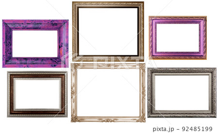 Set Classic Old Vintage Wooden mockup canvas frames isolated on white background. Blank Beautiful and diverse subject moulding baguette. Design element. use for framing paintings, mirrors or photo. 92485199