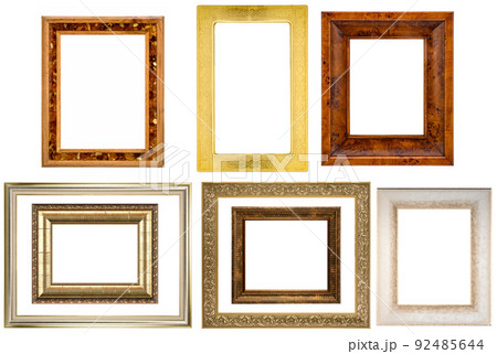 Set Classic Old Vintage Wooden mockup canvas frames isolated on white background. Blank Beautiful and diverse subject moulding baguette. Design element. use for framing paintings, mirrors or photo. Set Classic Old Vintage Wooden mockup canvas frames isolated on white background. Blank Beautiful and diverse subject moulding baguette. Design element. use for framing paintings, mirrors or photo. 92485644