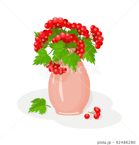 Ceramic flower vase with viburnum. Guelder rose. Red berry. Isolated illustration on a white background. Cartoon. Vector 92486280