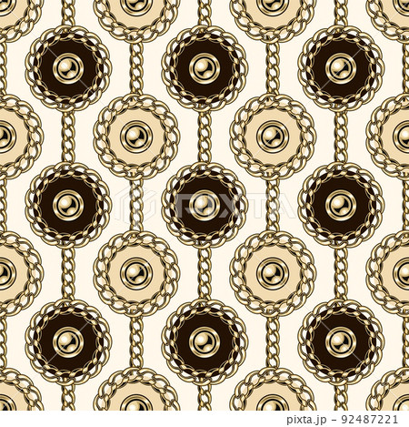 Seamless pattern with circles with gold chains, beads. Vertical lined up elements on a beige background. 92487221