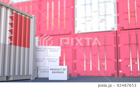 PRODUCT OF BAHRAIN text on the cardboard box and cargo terminal full of containers. 3D rendering 92487653