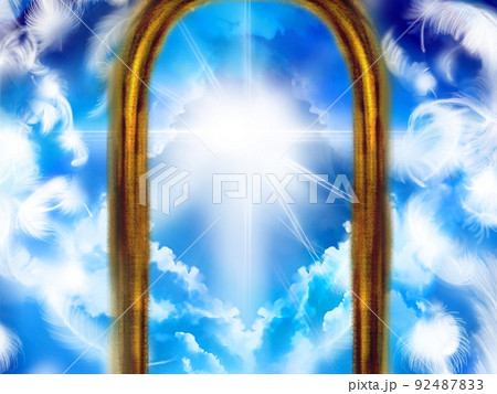 天へ続く黄金の門と雲海の隙間から輝く神々しい光のイラスト 92487833
