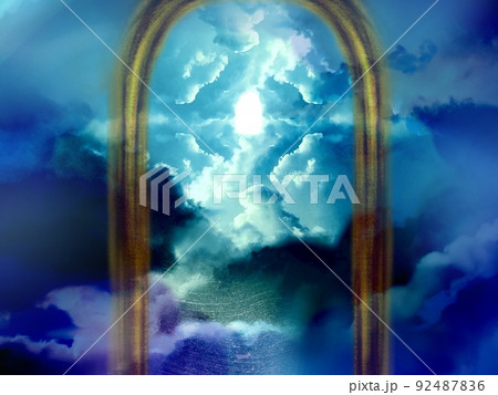 天へ続く黄金の門と雲海の隙間から輝く神々しい光のイラスト 天へ続く黄金の門と雲海の隙間から輝く神々しい光のイラスト 92487836