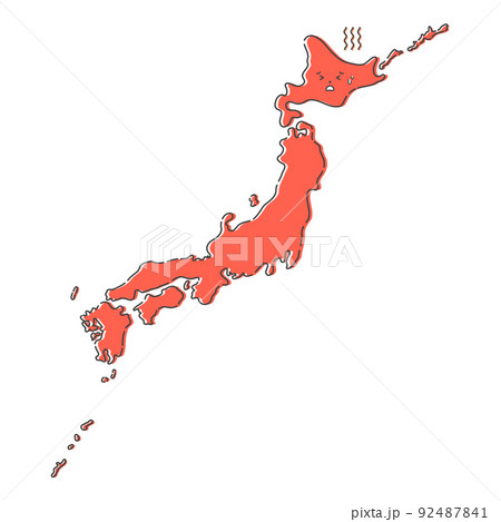 暑そうな顔をしている手書きの日本地図 - 赤いシンプルな日本列島 - ゆるい塗りとやわらかな黒線